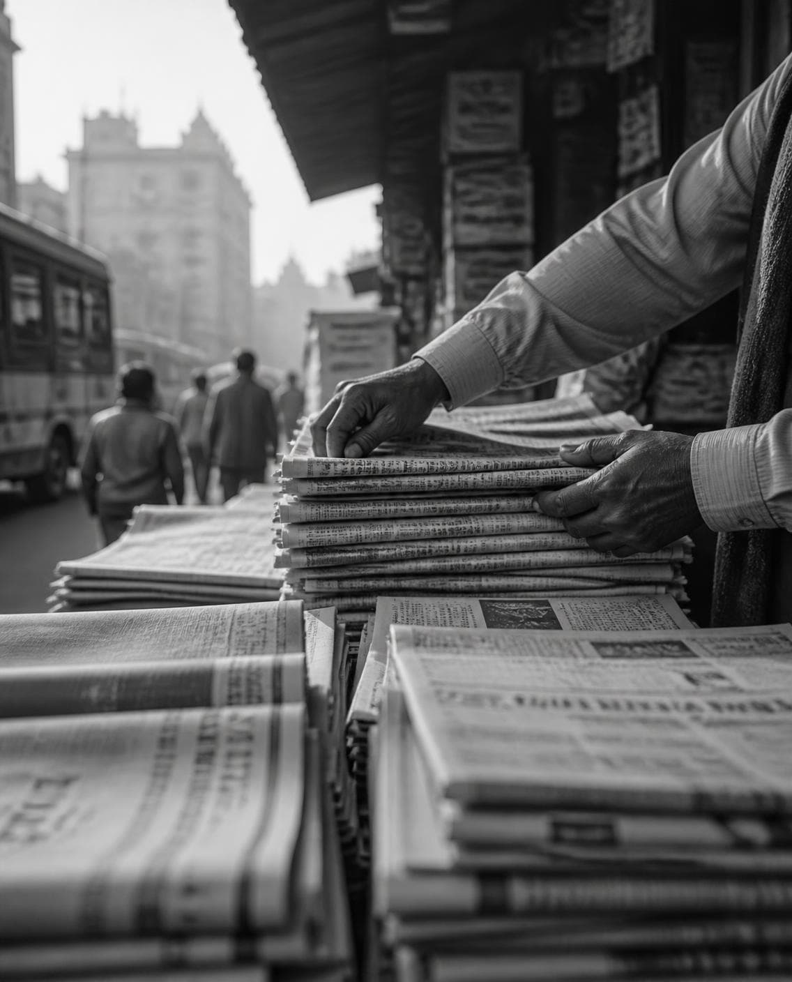 A newspaper stall at dawn, stacked with papers in several Indian scripts